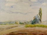 une aquarelle représentant un champ avec un arbre