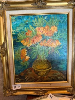 une peinture de fleurs dans un vase sur une table