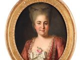 portrait of a lady in a pink dress with a rose in her hair