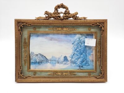 un vieux cadre contenant un tableau représentant un paysage hivernal