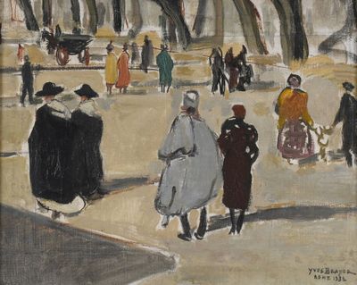une peinture représentant un groupe de personnes marchant dans la rue
