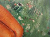 a painting of a baseball glove and a carrot on the grass