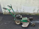 a small green lawn mower sitting on the pavement