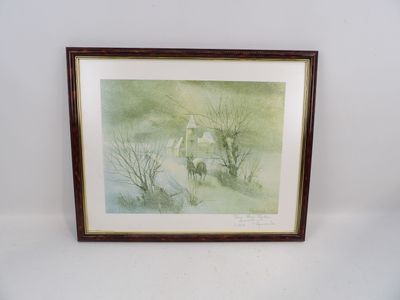 une vieille aquarelle représentant une maison sous la neige
