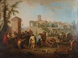 painting of a group of people in a village with a dog