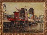 an image of a painting of a city street with people walking by