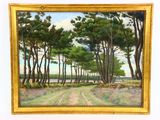 une peinture à l'huile représentant un chemin de terre avec des arbres en arrière-plan