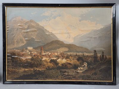painting of a landscape with a village and mountains in the background