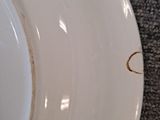 a white plate with brown marks on it on the floor