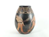 a vase with a painting of a man and a woman on it