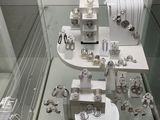 a glass display case with a lot of jewelry on it