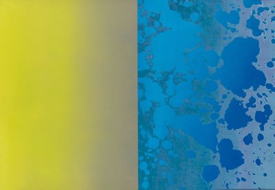 a blue and yellow painting on the wall next to a black and white picture