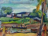 a painting of people on a beach near a body of water