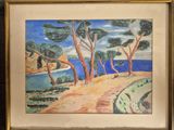 painting of a beach scene with pine trees and a body of water