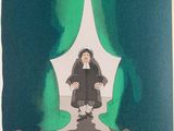 a drawing of a nun standing in front of a green curtain