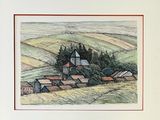 dessin représentant un village situé dans une région vallonnée, avec des arbres au premier plan