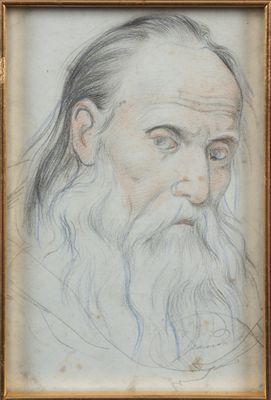 un vieux dessin représentant un homme aux cheveux longs et à la barbe fournie