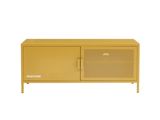 the mustard sideboard is made from metal and has a mesh door