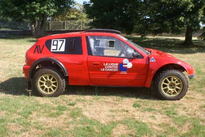une voiture de rallye rouge garée dans l'herbe