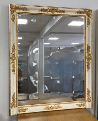 a mirror on the wall above a desk in a room