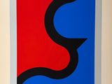 a painting of a red and blue square with black lines