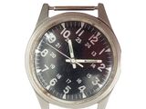 a silver watch with a black face and numbers on it