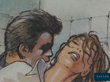 a drawing of a man and a woman kissing in a bathroom