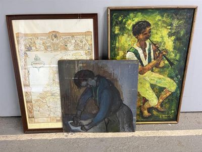 two paintings of a man and a woman sitting on a ledge
