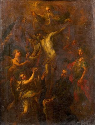 un tableau représentant Jésus sur la croix, entouré d'anges