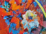 a painting of flowers in a vase on a table