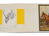 an open book with a picture of a man on a horse and a deer