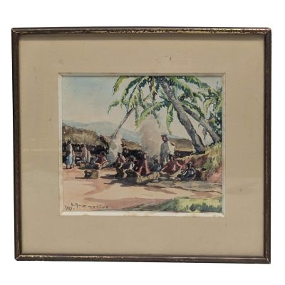 tableau représentant un groupe de personnes assises sous un arbre devant une cabane