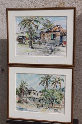 tableau représentant deux photos encadrées d'une maison et d'un palmier