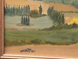 an oil painting of a landscape with trees in the foreground