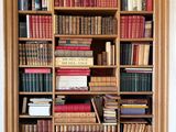a chair in front of a bookshelf full of books