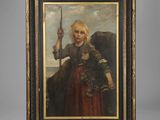 an oil painting of a young girl holding a stick in her hand