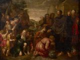 une peinture à l'huile représentant un groupe de personnes rassemblées autour d'un homme