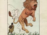illustration of a lion chasing a dog in a field