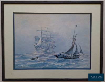tableau représentant un voilier et un bateau à voile sur une mer agitée