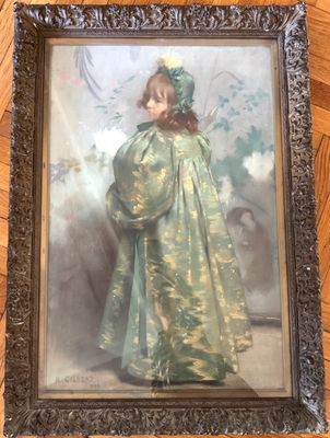 painting of a young girl in a green dress in a frame on a wooden floor
