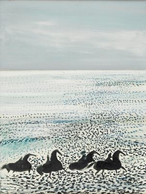 a painting of a group of birds walking on the beach