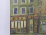 painting of a painting of a building with a clock on the front of it