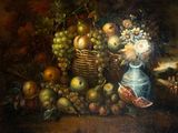 a painting of a still life with fruit and a vase