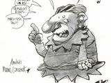dessin représentant un personnage de bande dessinée sur un snowboard, avec une bulle au-dessus de sa tête
