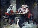 painting of three men playing cards at a table in a tavern