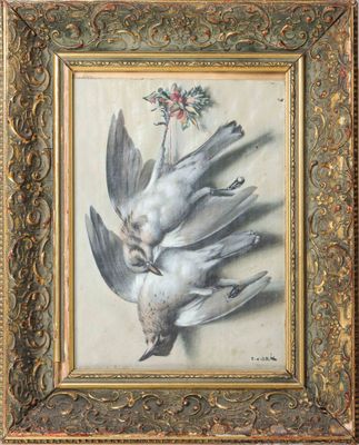 tableau représentant un groupe d'oiseaux avec des fleurs, dans un cadre doré