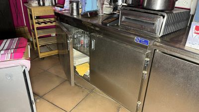 une cuisine équipée d'une cuisinière, d'un évier et d'un réfrigérateur