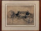 dessin représentant une calèche devant une maison