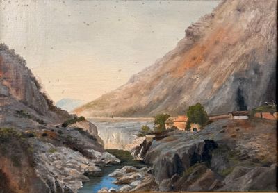 tableau représentant un paysage de montagne avec une rivière au premier plan et un village au loin