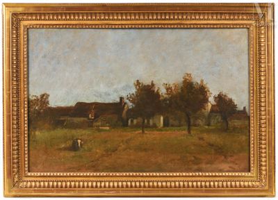 an image of a painting of a farm scene with a horse and a man